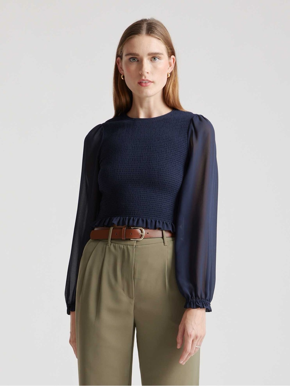 Quince Chiffon Cropped Smocked Blouse Navy Size M